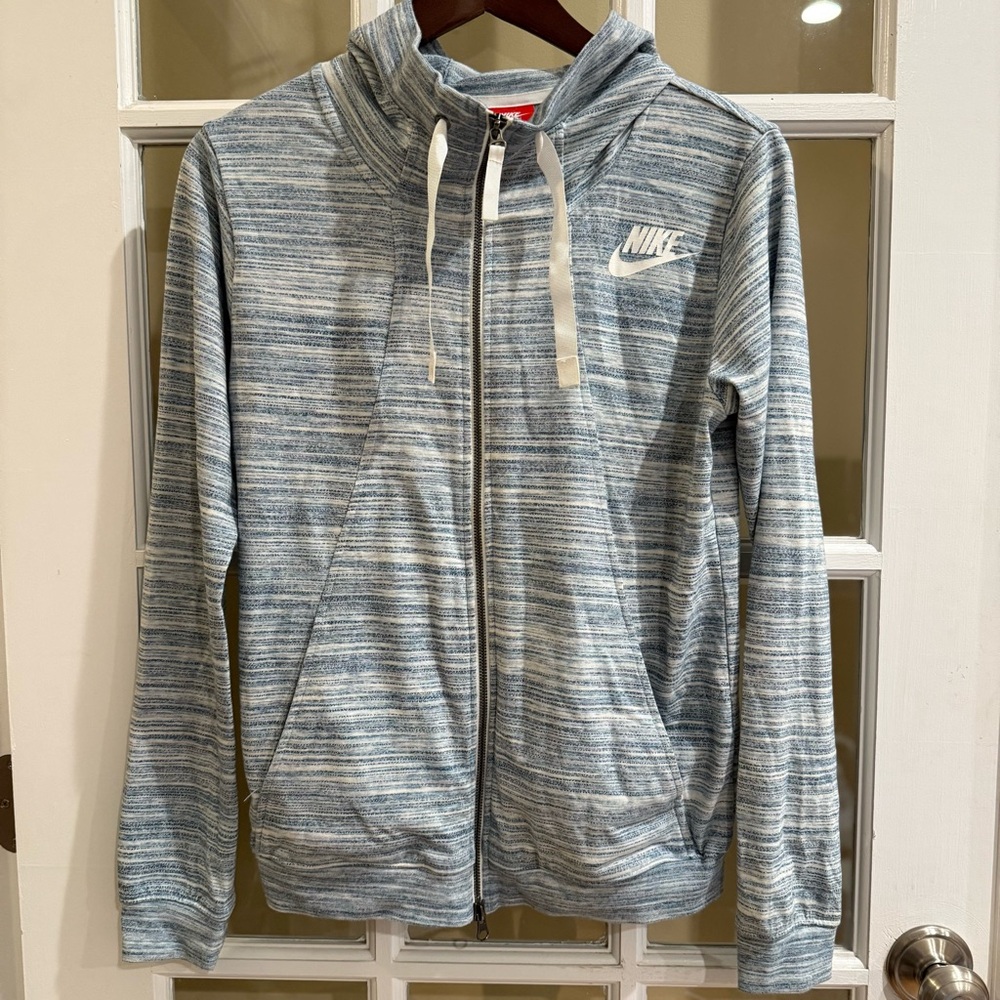 Nike Women's Sports Blue/Natural Printed Hooded Jacket Size Small Ribbon Detail